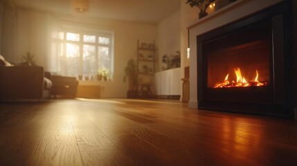 Aufkleber - This serene living room features a glowing fireplace surrounded by elegant furniture, creating an inviting atmosphere filled with warm light and gentle shadows