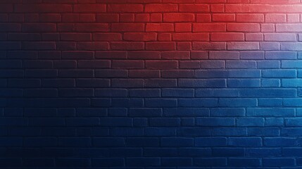 Aufkleber - Textured brick wall glows under vibrant red and blue neon lights, creating a modern urban aesthetic with a captivating gradient effect and ample copy space