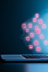 Aufkleber - Glowing Laptop with Cyber Security Icons on Reflective Surface - Digital Security Concept