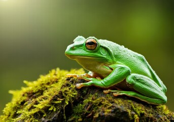 Vibrant green tree frog on moss-covered rock in natural habitat