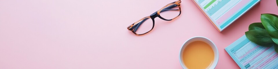 Aufkleber - Pastel Workspace with Glasses, Tea, and Data Charts on Pink Background