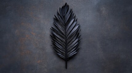 Leinwandbilder - A tropical leaf with intricate black textures rests on a deep gray background, offering a striking visual contrast and plenty of space for text or design elements