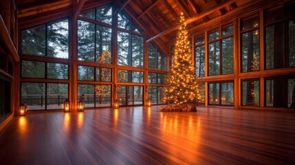 Aufkleber - A cozy wooden cabin features a beautifully adorned tree with lanterns and earthy ornaments. Soft sunlight filters through large windows, creating a serene atmosphere