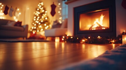 Poster - Warm light flickers from a fireplace in a living room adorned with Christmas decorations, stockings, and a beautifully lit tree, creating a cozy holiday atmosphere