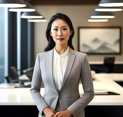 portrait/studio photograph/headshot of an Asian model businesswoman wearing a suit in an office - confident, competent employee or executive