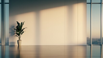 Leinwandbilder - Bright natural light filters into a serene white room with polished wooden flooring, featuring a solitary potted plant that enhances the tranquil atmosphere