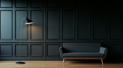 Poster - Stylish living room showcases a gray minimalist sofa alongside a floor lamp, set against a dark walled backdrop creating a serene and contemporary feel