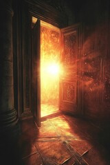 Poster - Ornate door opens to fiery, bright light.