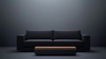 Poster - This elegant living room showcases a minimalist design with a black sofa, geometric coffee table, and clean lines that emphasize modern simplicity and sophistication