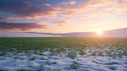 Aufkleber - A lush green grassy field gently sways under a pastel-colored sunset sky, creating a peaceful and inviting atmosphere just before nightfall