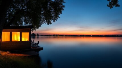 Aufkleber - A cozy wooden cabin with glowing windows sits by a calm lake, as the sunset casts warm hues on the water, creating a peaceful and idyllic atmosphere