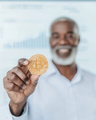 Aufkleber - Smiling Elderly Man Holding Bitcoin Against Crypto Market Background