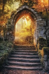 Poster - Stone archway, steps leading to sunlit woods.