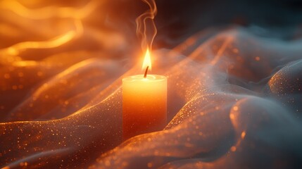 Wall Mural - A Lit Candle on a Glittering Fabric, Embracing Warmth and Serenity