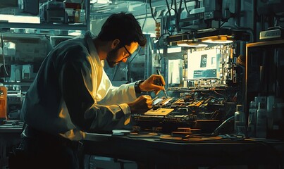 Poster - A technician repairing electronic components in a workshop.