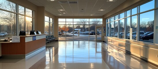 Wall Mural - Sunlit modern waiting area with reception desk, chairs, and large windows overlooking a parking lot.