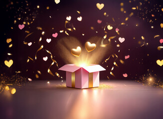 Aufkleber - A pink gift box bursts open, revealing golden hearts and sparkling confetti.  A magical, romantic scene perfect for Valentine's Day or a special celebration.