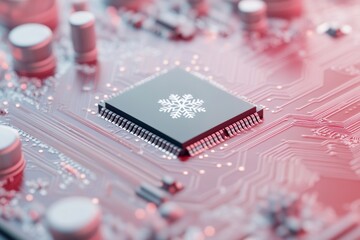 Fototapete - High-Performance Computing Chip on Festive Circuit Board with Snowflake Design