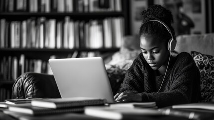 Poster - Focused Young Woman Studying in Cozy Library with Laptop and Headphones