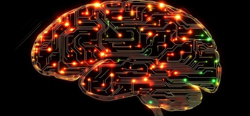 Poster - A digital brain design with circuit patterns and glowing lights.