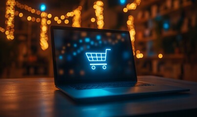 Wall Mural - a laptop displaying a shopping cart icon against a festive background.