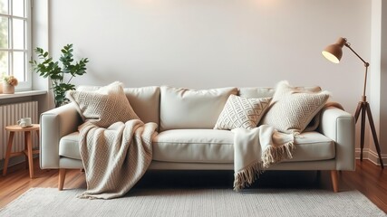 Wall Mural - A cozy living room with a comfortable sofa, soft blankets, fluffy pillows, and warm lighting, relaxing, furniture