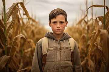 Wall Mural - Generated with AI picture of man in a field growing wheat and corns plants