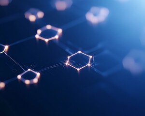 Poster - Abstract Blockchain Network with Glowing Nodes and Digital Assets on Blue Background