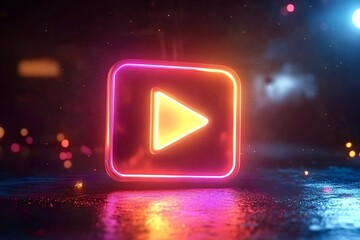 Glowing neon play button symbol radiating vibrant colors on a reflective surface, enhanced by bokeh lights, representing online entertainment and digital media