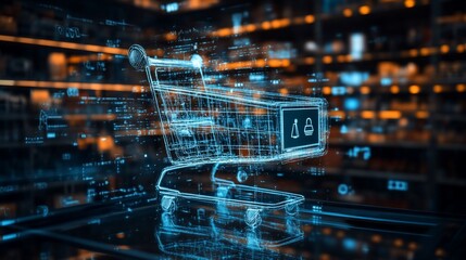 Wall Mural - digital shopping cart with security features in a futuristic setting.