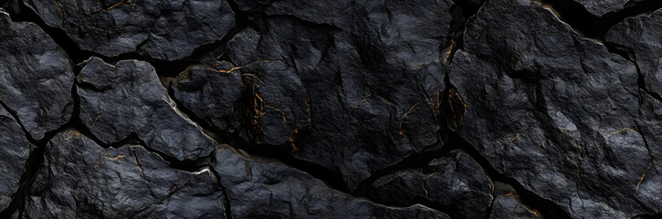 Wall Mural - Volumetric rock texture with cracks. Black stone background with copy space for design. Wide banner.