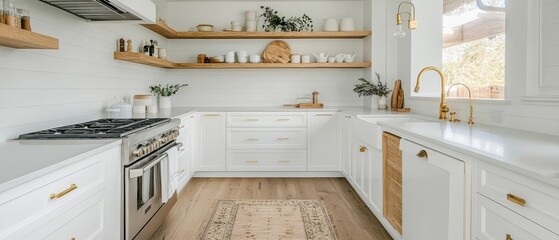 Canvas Print - Modern White Kitchen With Wooden Shelves And Gold Accents