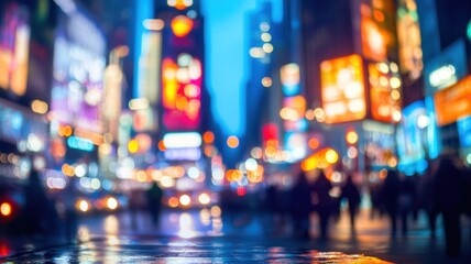 Blurred view of times square's lively nighttime lights, reflecting on a rain soaked sidewalk, forming a vibrant urban landscape