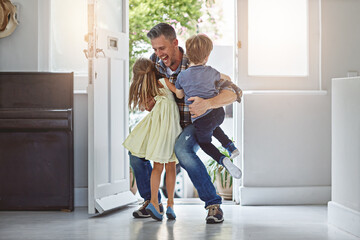 Canvas Print - Excited, father and children with hug by door for welcome, greeting and happy to return home. Reunion, man and kids by doorway with embrace, connection and arrival from business trip with affection