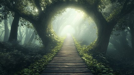 Canvas Print - Wooden path through misty, arched trees.