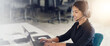© peopleimages.com - Banner, call center and laptop with business woman in office for communication, contact us and sales agent. Telemarketing, crm advisory and help desk with person in agency for consulting and hotline