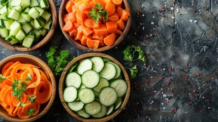 Wall Mural - Chopped cucumbers and carrots in bowls.