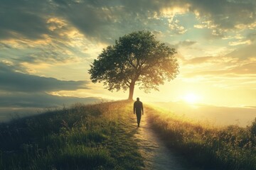 Wall Mural - Person walks path, tree, sunset, grassy hill.