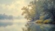 © Holo Frame - Serene dawn on a tranquil riverbank enveloped in soft fog creating an ethereal atmosphere of peace and natural beauty