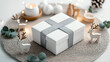 © Jirut - A solid white present box with a minimalist grey ribbon is placed on a circular woolen mat in neutral tones. Surrounding the box are clean and modern Scandinavian winter elements