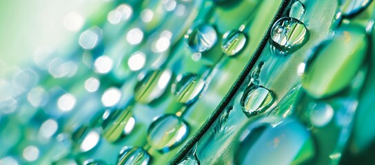 Wall Mural - Close-up of dew drops on vibrant green surface.