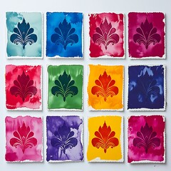 Wall Mural - Twelve Vibrant Watercolor Postcards Featuring a Repeating Floral Design.