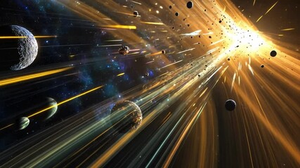 Wall Mural - cosmic speed: a vibrant burst of light and color streaks across the cosmos, planets and asteroids wh