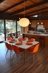 Canvas Print - Mid century modern dining room with orange chairs