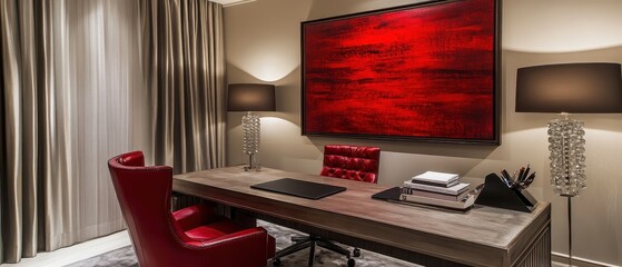 Canvas Print - Modern Home Office Decor Featuring Red Chair and Artwork