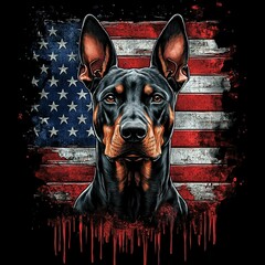 Doberman portrait overlaid on an American flag with a dramatic effect and vibrant colors