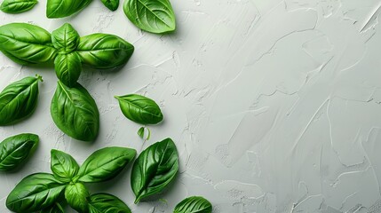 Wall Mural - Fresh green basil leaves on a gray background.