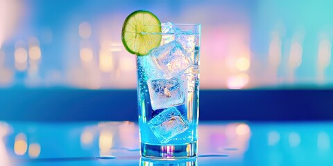 Wall Mural - Glass of blue liquid with ice cubes in it