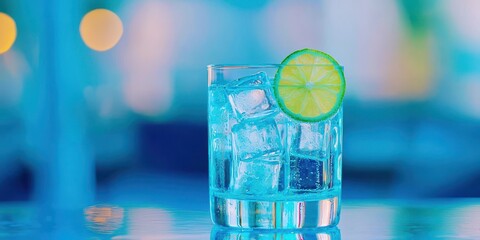 Wall Mural - Glass of blue liquid with a lime wedge in it