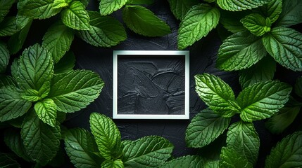 Sticker - Fresh mint leaves frame a dark square.